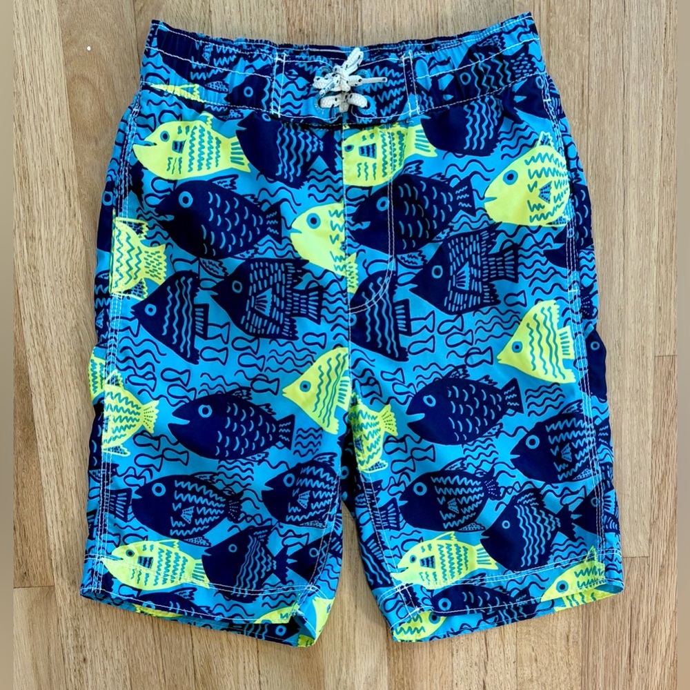Gap Kids Fish Swim Trunks Bathing Suit, Lined, Blue, Yellow, Navy, sz Medium M 8